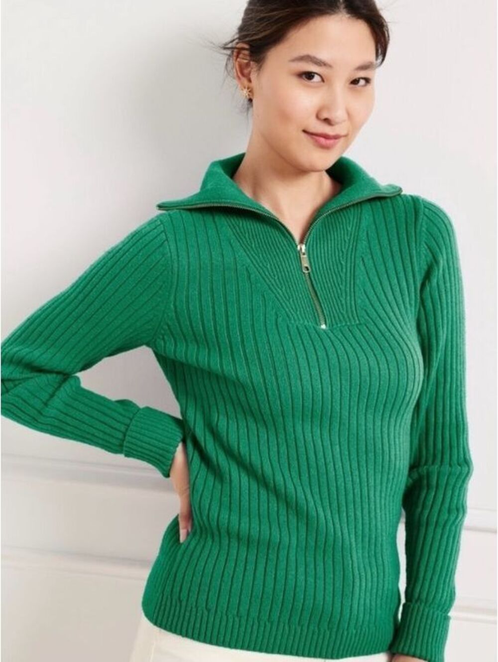 Talbots Kelly Green Ribbed Merino Wool Quarter Zip Sweater Petite L NWT